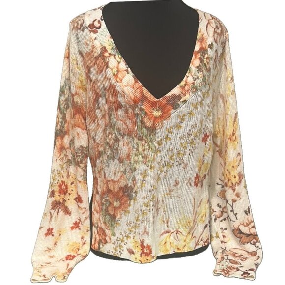 Anthropologie Floral Knit Sweater XS Ivory Linen Blend V Neck - Picture 11 of 16